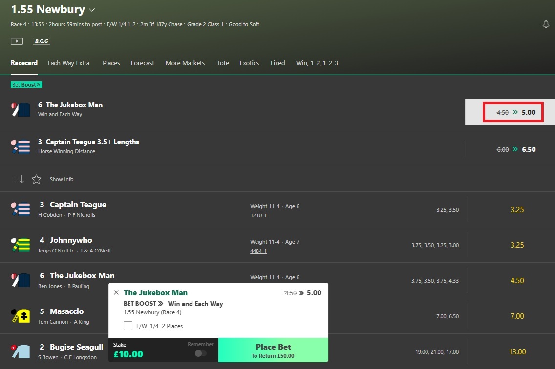 bet365 1.55pm newbury race with The Jukebox man chosen and a £10 stake entered in the betslip